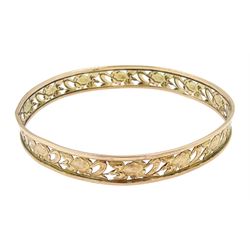 10ct gold flower design open work bangle, approx 13.6gm