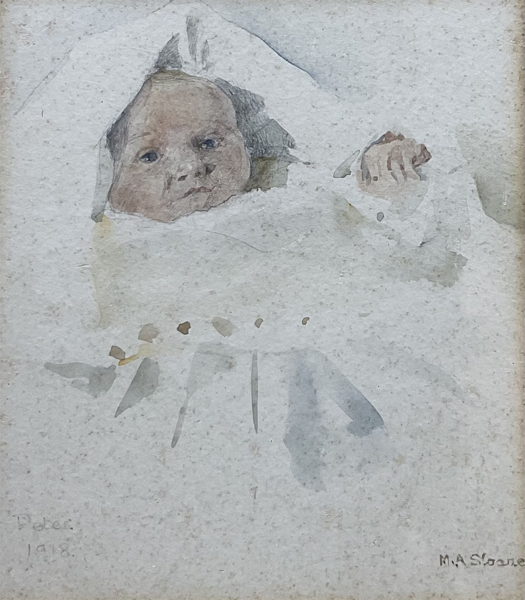 Mary Annie Sloane (British 1867-1961): Portrait of the Artist's Son 'Peter', watercolour signed titled and dated 1918, 13cm x 11.5cm 
Notes: Sloane was a student of Sir Hubert von Herkomer (British 1849-1914) from whom she developed her skills in etching and engraving, her watercolours are more uncommon. 