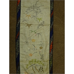  19th century Chinese sleeve panel worked in peking knot & metallic thread with Peonies and objects amongst foliage within brocade silk border 56cm x 19.5cm   