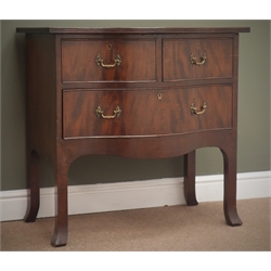  Georgian style mahogany serpentine two drawer chest, on out splayed supports, W80cm, H78cm, D49cm  