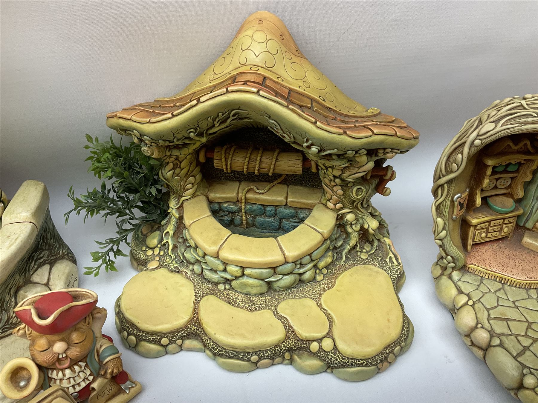 Extensive collection of Pendelfin rabbits and stands, to include Betsy Barge, Fruit Shop, Uncle Soames, Event Piece etc, many with original boxes 