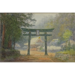  Sacred Bridge at Nikko, Japan, Mount Fuji and Temple Entrance, three watercolours signed by Ginnosuke Yokouchi (Japanese 1870-1942), 32cm x 49cm (3)   