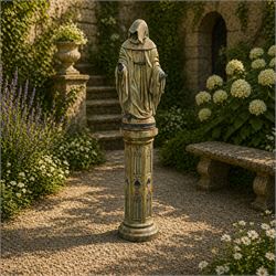 Farran stone garden statue depicting a hooded monk standing in flowing robes in circular form, set upon Gothic pedestal with arched panels, featuring lead hands and script band