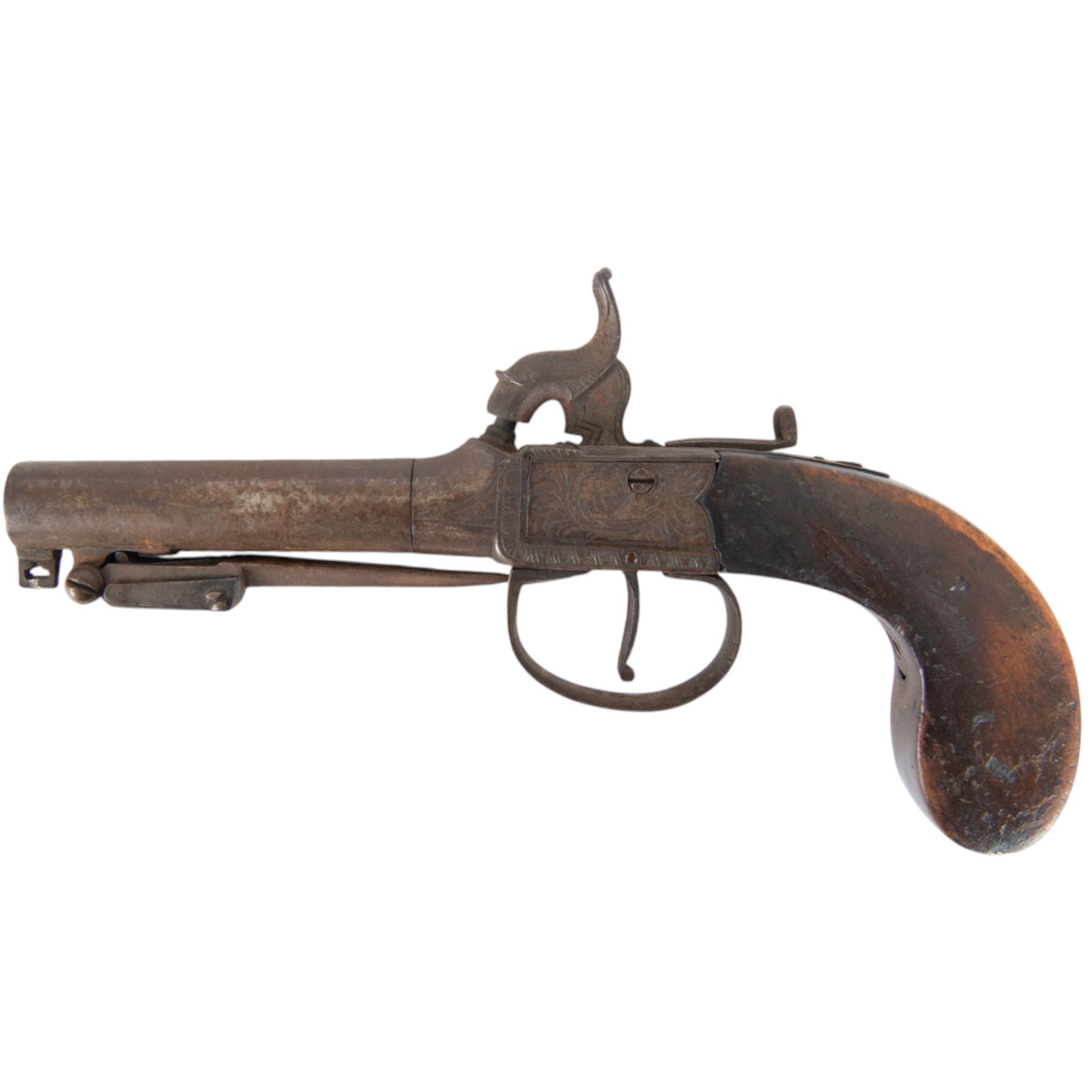 19th century percussion hammer action pocket pistol with sprung bayonet, with 8cm (3.5