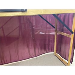 'Z' gauge continental scenic layout with folding legs, various loops of track and sidings with overhead cables, buildings including water tower, tunnels, roads with motor vehicles and figures, trees, haven with boats, backdrop diving wall hiding control units 150 x 50cm