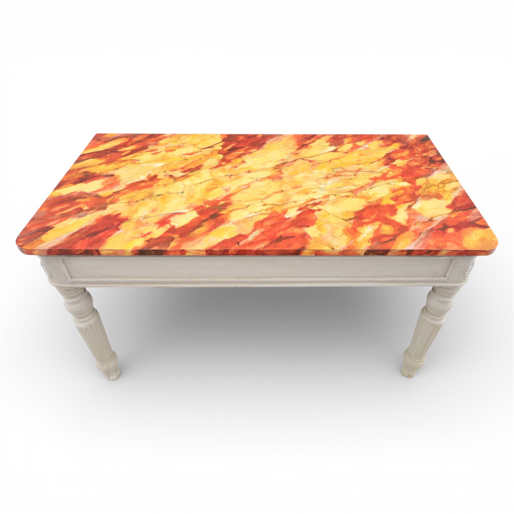 19th century style pine console table, with rectangular simulated marble top over a painted frieze, raised on fluted and turned tapering legs