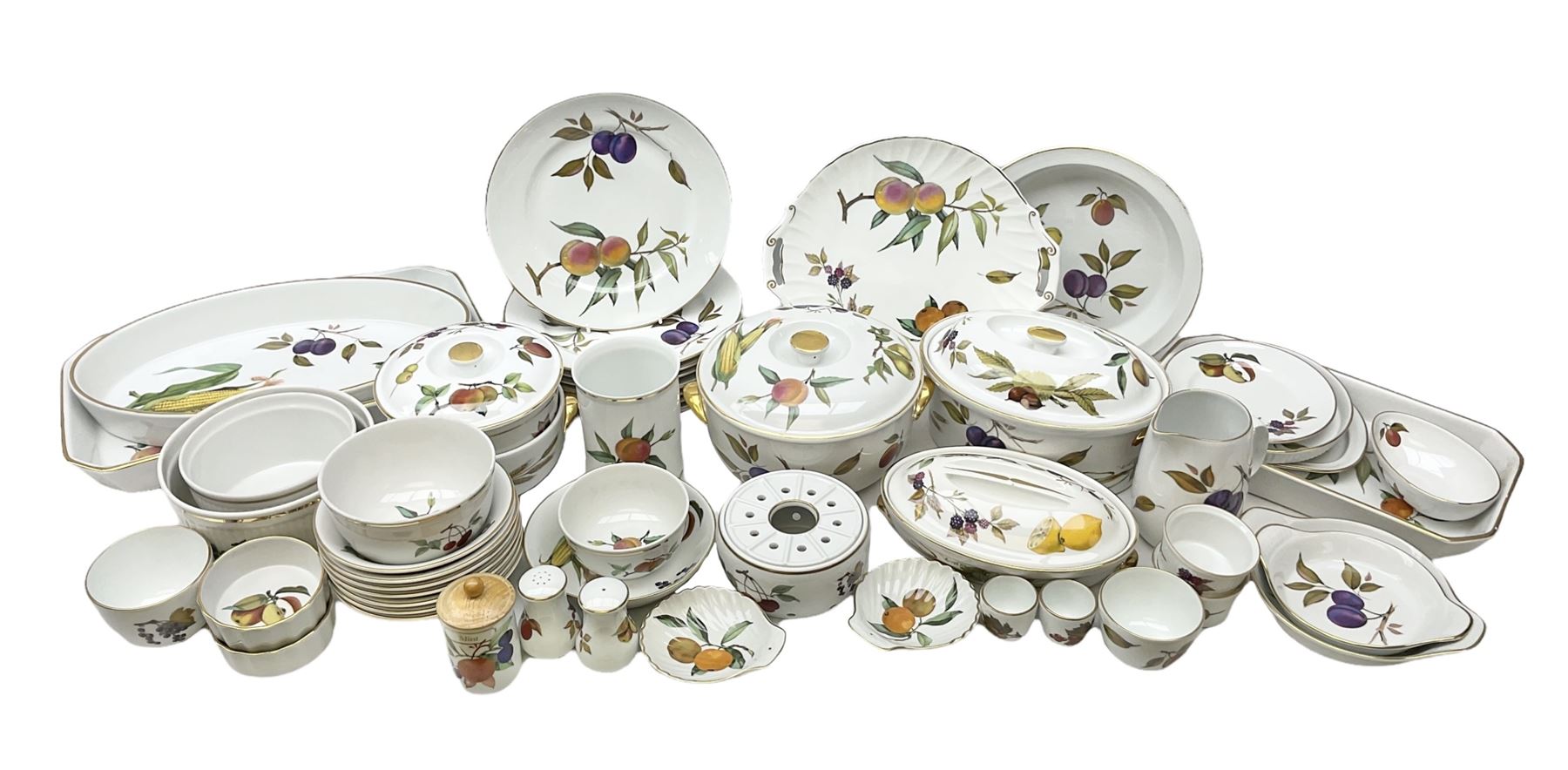 Royal Worcester Evesham pattern dinner wares, to include lidded tureens, eight dinner plates, serving tray, ramekins, jug, seven bowls, egg cups, serving dishes etc, approx 47 pcs, all with printed marks beneath