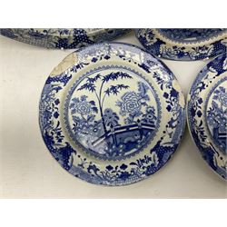 19th century Davenport bamboo and peony pattern dinner wares, to include three plates, oval serving dish and platter
