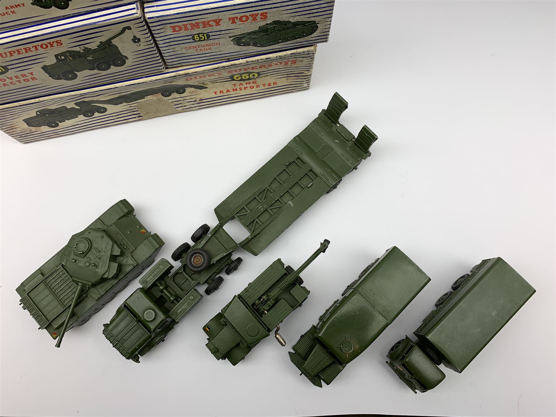Dinky - Supertoys Thorneycroft Mighty Antar Tank Transporter No.660; Centurion Tank No.651; Recovery Tractor No.661; 10-ton Army Truck No.622 and Medium Artillery Tractor No.689, all boxed
