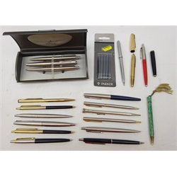  Parker stainless steel cased pen set, six other Parker ballpoint, fountain and propelling pencils, Sterling Silver Eversharp propelling pencil, three Paper Mate ballpoint pens, Sheaffer gold plated ballpoint pen and other writing instruments   