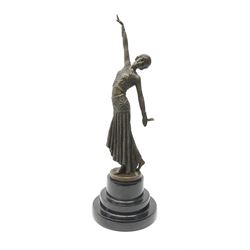 Art Deco style bronze figure of a lady, with foundry mark, raised upon a stepped marble base, H38cm overall