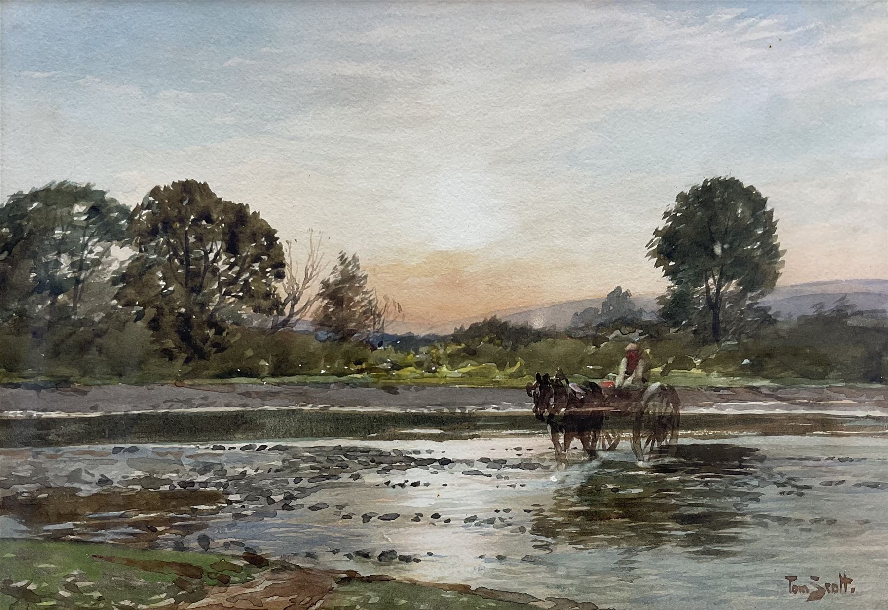 Tom Scott RSA RSW (Scottish 1854-1927): 'Sunset', watercolour signed, indistinctly titled and dated 1913 on original label verso 18cm x 26cm