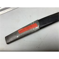 Mid-19th century Custom’s officer/Constabulary sidearm, with plain 60.5cm slightly curving fullered blade double edged at tip,  steel knucklebow and downswept quillon, stepped pommel and ribbed fishskin grip; in leather covered scabbard with steel locket, frog stud and chape L76cm overall