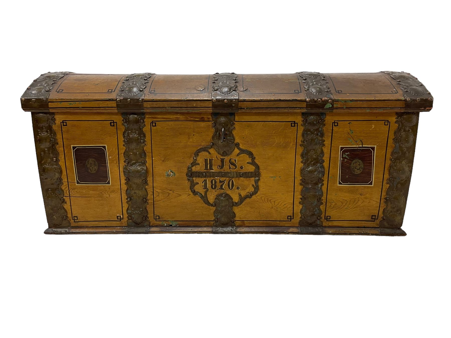 19th century painted oak sea chest, hinged dome top enclosing small compartment, bound by shaped and pressed metal strapwork, scumbled finish to resemble oak and painted with small vignettes depicting portraits and landscapes within panels, fitted with large wrought metal carrying handles, the front inscribed 'H.J.S. 1870' 