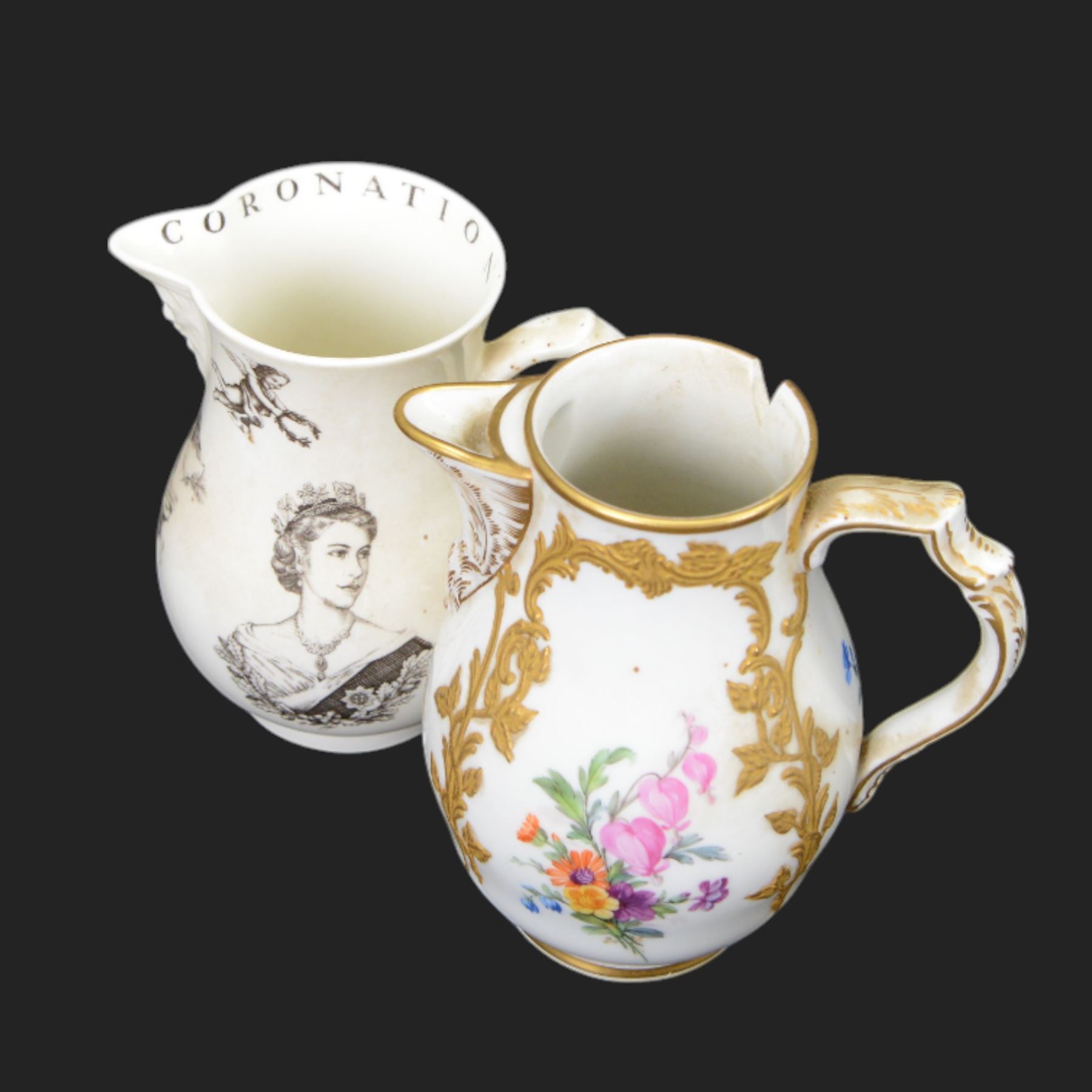 19th century and later ceramic jugs, including small Royal Crown Derby example, painted with florals and gilt leaves, Adams Jasperware Hull jug with town crest, floral KPM example and a Georgian example inscribed Joshua Longfield 1921, etc, tallest H12cm