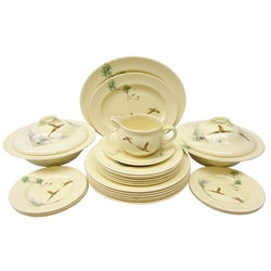  Royal Doulton 'The Coppice' pattern six place dinner service no. D.5803, comprising dinner plates, side plates, tea plates, two tureens, two graduated platters & sauce boat and stand  