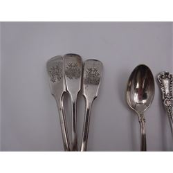 Three Victorian Exeter silver fiddle pattern teaspoons, hallmarked Robert Williams & Sons, Exeter 1850, together with two additional Exeter silver Fiddle pattern spoons hallmarked William Rawlings Sobey, Exeter 1842, and a collection of other silver tea and coffee spoons, all hallmarked 