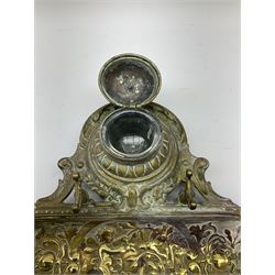 Brass desk inkwell and pen tray, together with selection of silver plate, to include teapot of squat circular form with flower bud finial, in one box 