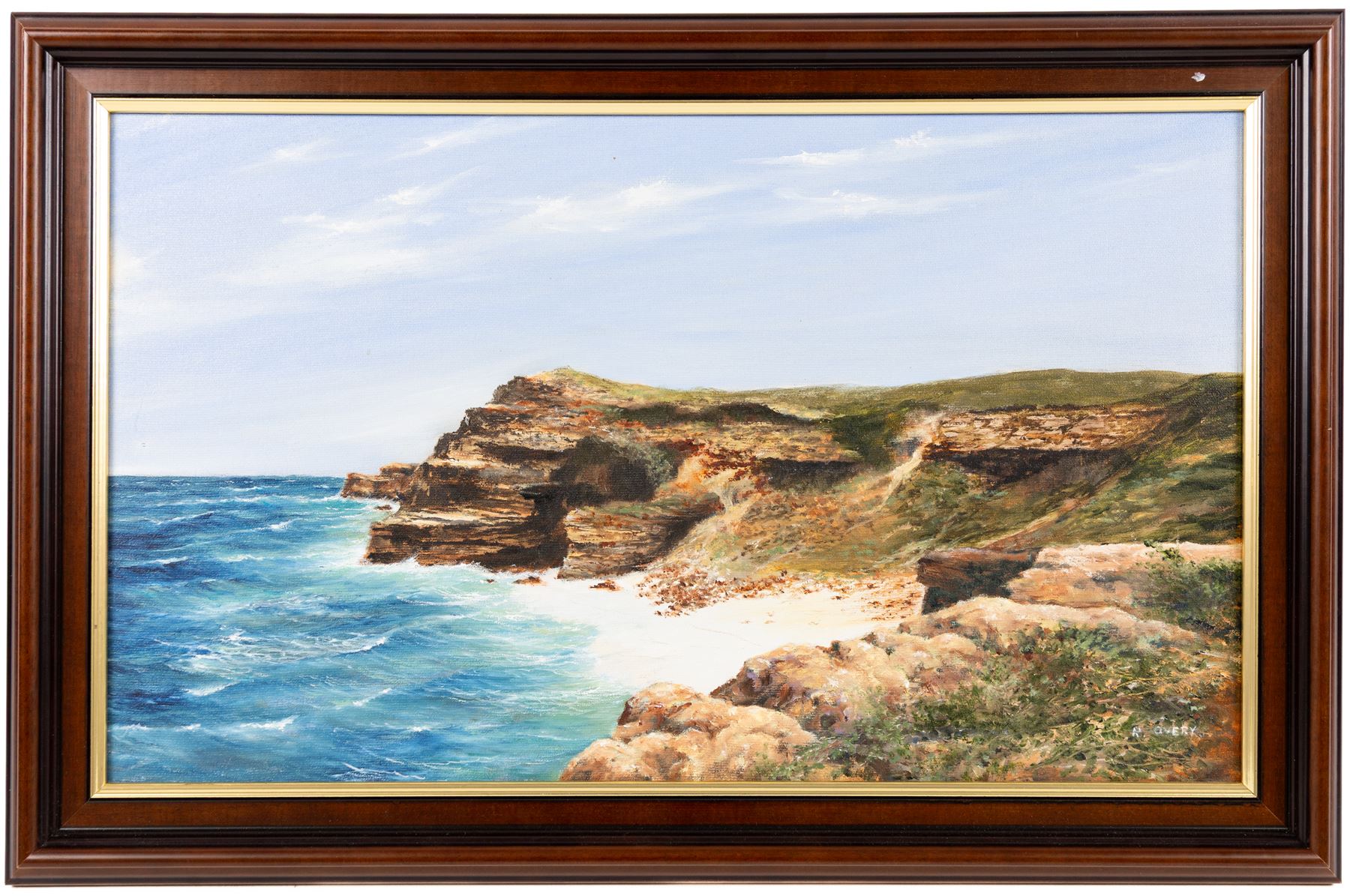 Robert Overy (British 1928-2018): Headland and Bay - Possibly Flamborough and Serene River Landscape, pair of oils on canvas board signed max 29cm x 50cm (2) (one unframed)