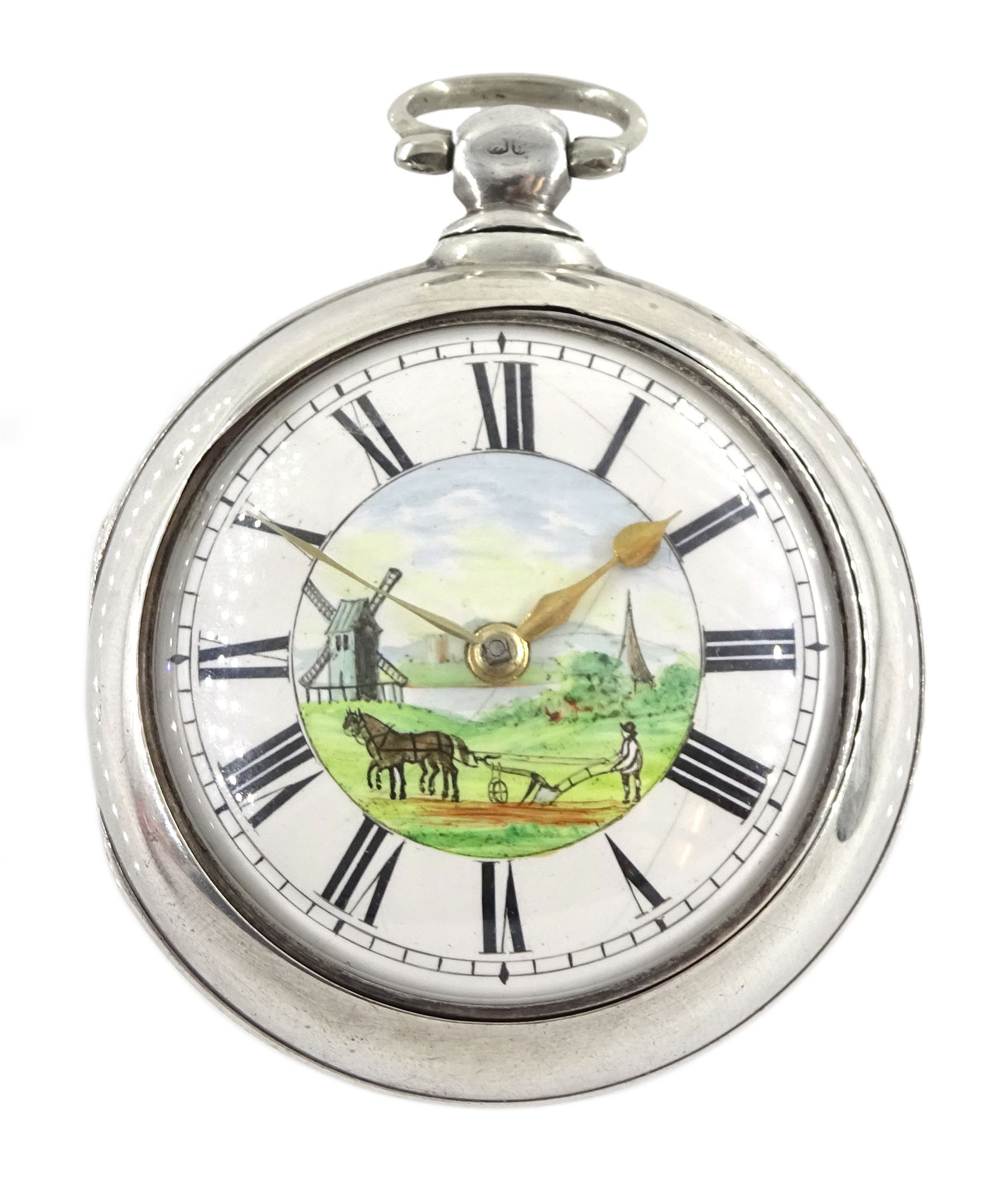 Victorian silver pair cased verge fusee pocket watch by J W Adcock, East Dereham, No. 98132, round pillars,  pierced and engraved balance cock decorated with a mask, enamel polychrome dial depicting a ploughing scene, Roman and Arabic numerals, case by Henry William Griffin, London 1864