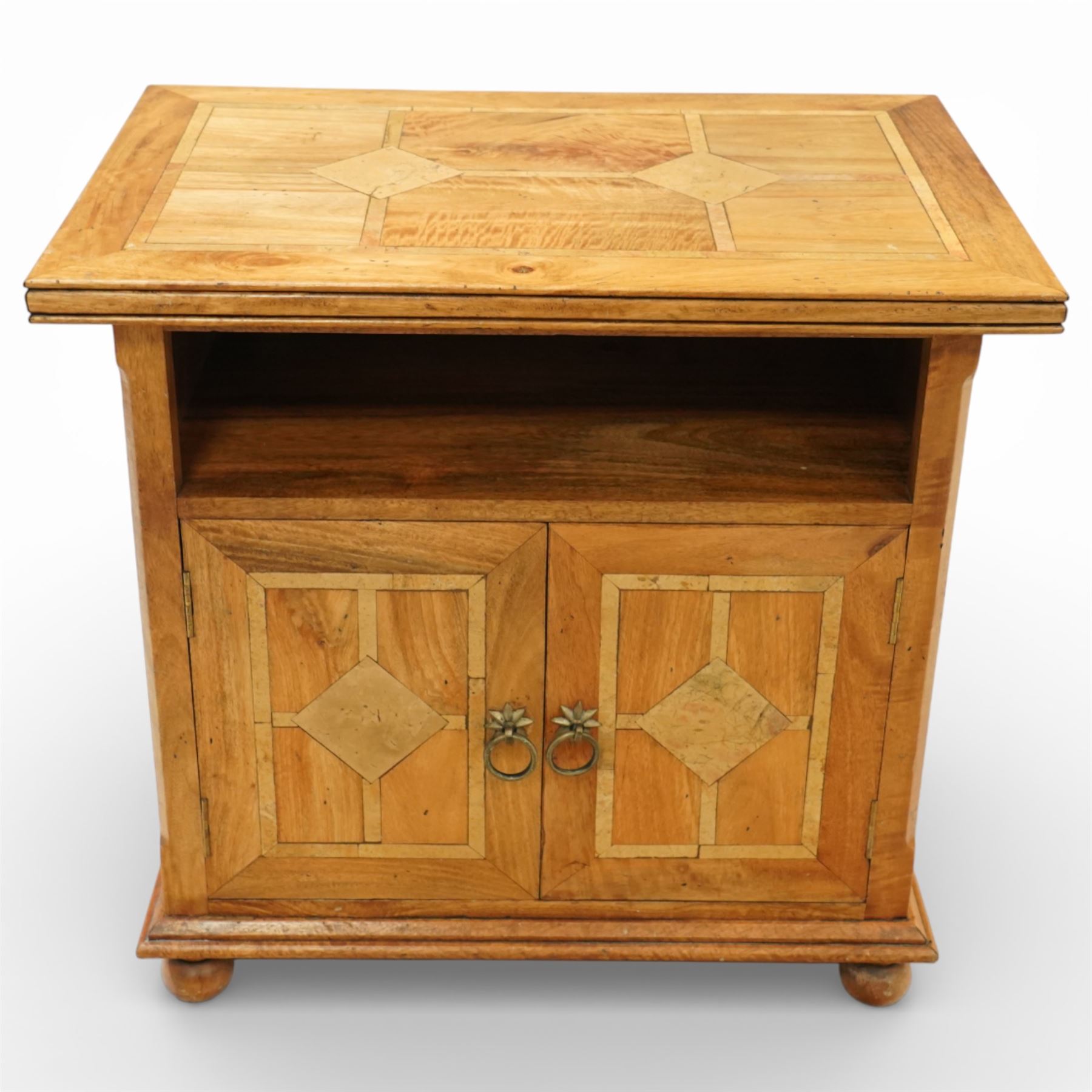 Barker & Stonehouse - ‘Flagstone’ inlaid mango wood television or media cabinet, rectangular moulded top with geometric inlaid panels, open central media shelf over a pair of panelled cupboard doors with inlay and metal ring handles, enclosing fixed shelving, raised on turned bun feet