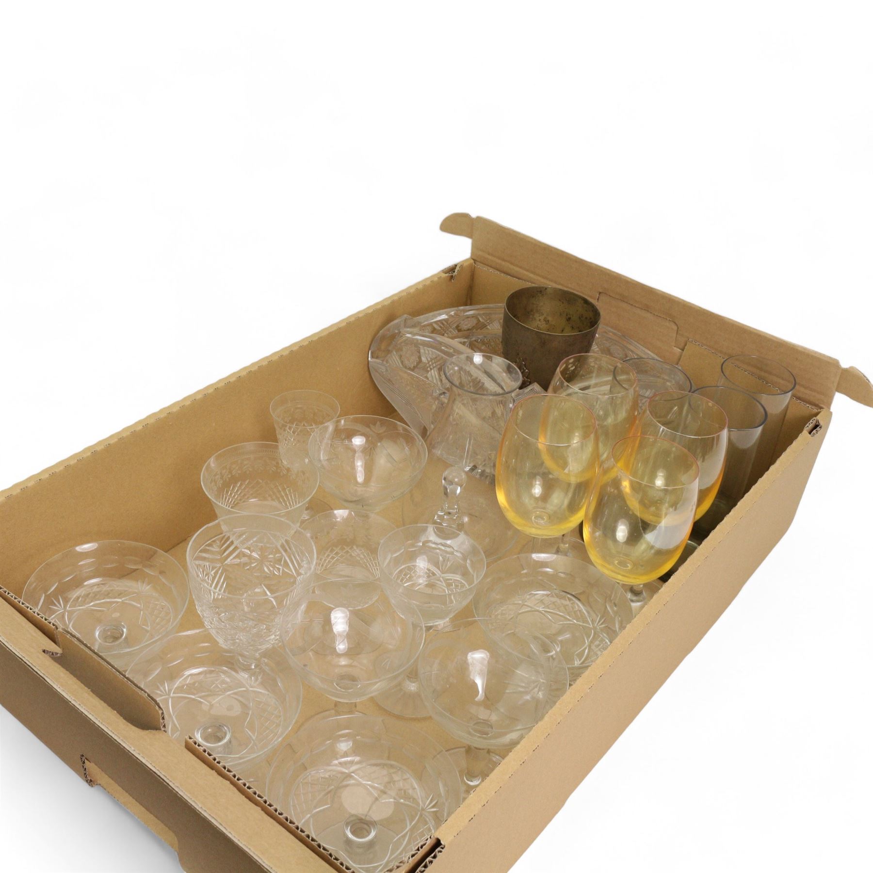Quantity of table glass including Stuart liqueur decanter, Edinburgh bowl, three Roemer style wine glasses, etched glasses, heavy cut glass bowls etc, together with a Victorian silver-plated presentation goblet for Glasgow Academical Club, Athletic Sports, 1871, in two boxes