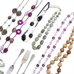 Collection of costume jewellery, included beaded necklaces and brooches, silver plated cutlery and ceramic trinket boxes etc