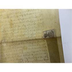 Three 17th/18th century manuscript deeds on vellum relating to properties in Bowling Alley Lane, Hull - one dated 16/12/1689 with seal 44 x 65cm; mortgage dated 20/2/1711 56 x 74cm; and assignment of mortgage dated 5/5/1727 with seal; all folded (3)