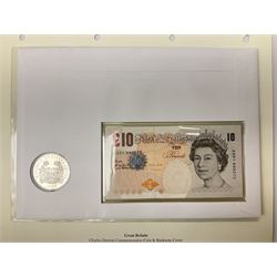 Four coin covers, comprising 2000 'The Queen Mother's 100th Birthday Silver Coin & Banknote Cover' limited edition 56/500, 2000 'Charles Darwin Commemorative Coin & Banknote Cover' limited edition 68/500, 2001 'Celebrating the 100th Birthday of Her Majesty The Queen Mother' containing  a 1999 silver one pound coin and 2001 'Royal Navy Submarines 100th Anniversary Cover' containing 2001 Turks & Caicos Islands 20 crowns silver coin