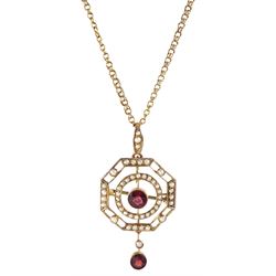 Edwardian garnet and seed pearl openwork brooch/pendant necklace