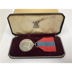 WWI pair of medals comprising British War Medal and Victory Medal awarded to 380807 Pte. W. Hayles Hamps. R.; Imperial Service Medal awarded to William Hayles; cased and boxed; WWII 1939-1945 War Medal and Defence Medal in issue box with slip; 1930s hallmarked silver football presentation fob etc