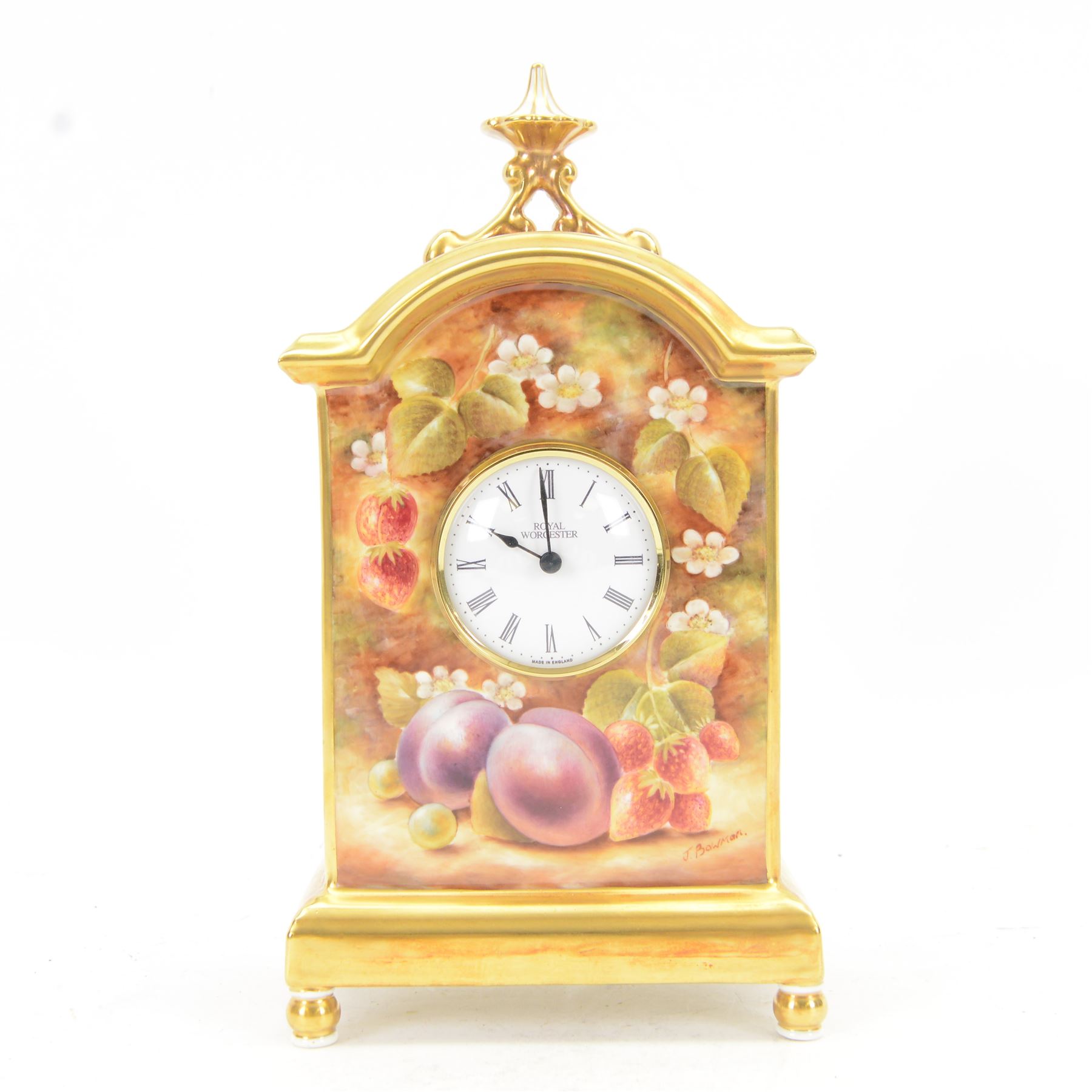 Late 20th century limited edition Royal Worcester mantle clock, hand painted by Jason Bowman with a still life of fruit upon mossy ground, signed J Bowman, with marks beneath including limited edition no 53/200, H27cm, with makers fitted card box 