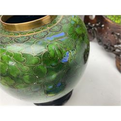 Pair of modern cloisonne ginger jars having floral decoration with a green ground, with hardwood stands, together with a similar plate and a bowl decorated with birds and flowers  