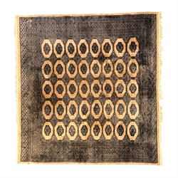 Bokhara design rug, field with repeating rows of geometric lozenge medallions on ivory and...