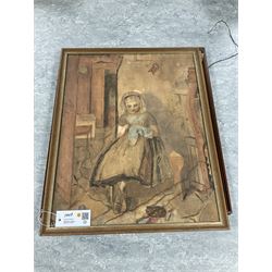 John Lamonby (Late 20th century) after Jean Baptiste Camille Corot (French 1796-1875): The Reader by the Wooded Bank, oil on canvas, signed titled and dated 1987 verso; Peter Davey (British 20th century): 'The Well of Église Saint André', watercolour signed, titled verso; English School (20th century): Girl Sewing, watercolour unsigned; English (20th century): Portrait of Boy in Profile, pencil drawing unsigned, max 51cm x 40cm (4)