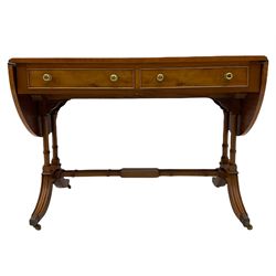 20th century yew wood sofa table/desk, two D shaped drop leaves, inset leather writing surface
