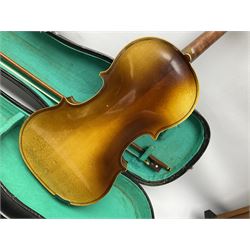 French violin for restoration with 36cm two-piece maple back and ribs and spruce top, bears label 'Lutherie Artistique M. Couturieux'; in wooden case; two modern three-quarter size violins in cases; and five violins for spares or repair