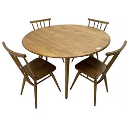 Ercol - elm and beech dining table, oval drop leaf top on square tapering splayed supports (113cm x 127cm, H71cm); set of four ercol 391 stick back dining chairs 