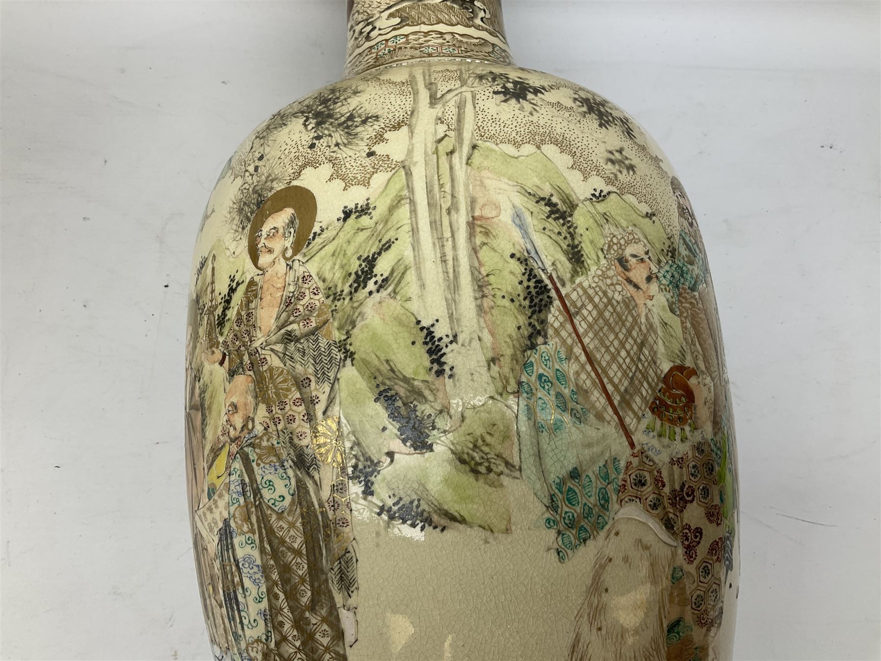 Pair early 20th Century Japanese floor vases of ovoid form, painted with warriors and elders within geometric designs and gilding, H61cm