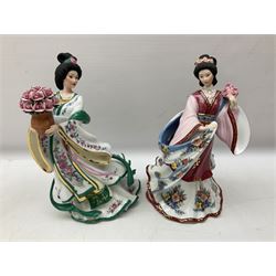 Five Danbury Mint Princess figures by Lena Liu, comprising Harp Princess, Plum Blossom Princess, Chrysanthemum Princess, Rose Princess and Iris Princess, one with certificate, all with marks beneath
