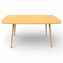 Ercol - elm dining table, rectangular plank top with rounded corners and moulded edge, raised on four tapering beech supports