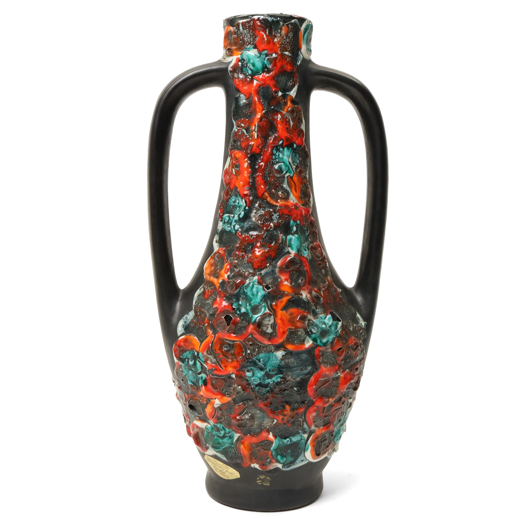 Mid-century twin-handled fat lava vase, H45cm 