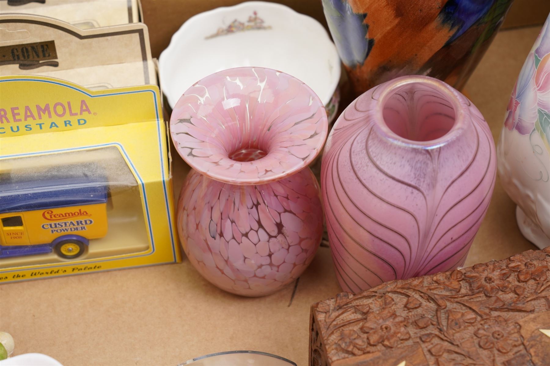 J S Akroyd - Lakeland glass vase, Mdina vase, carved Indian box, costume jewellery and other model vehicles etc