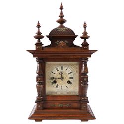Junhgans eight-day cased mantle clock, with a square etched dial and Roman Numerals, a car...