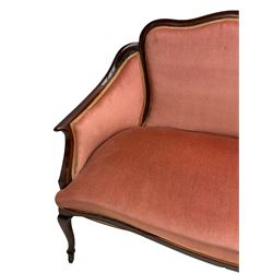 Late 19th century mahogany framed two seat settee, shaped and moulded cresting rail carved with shell cartouche, on cabriole front supports with castors