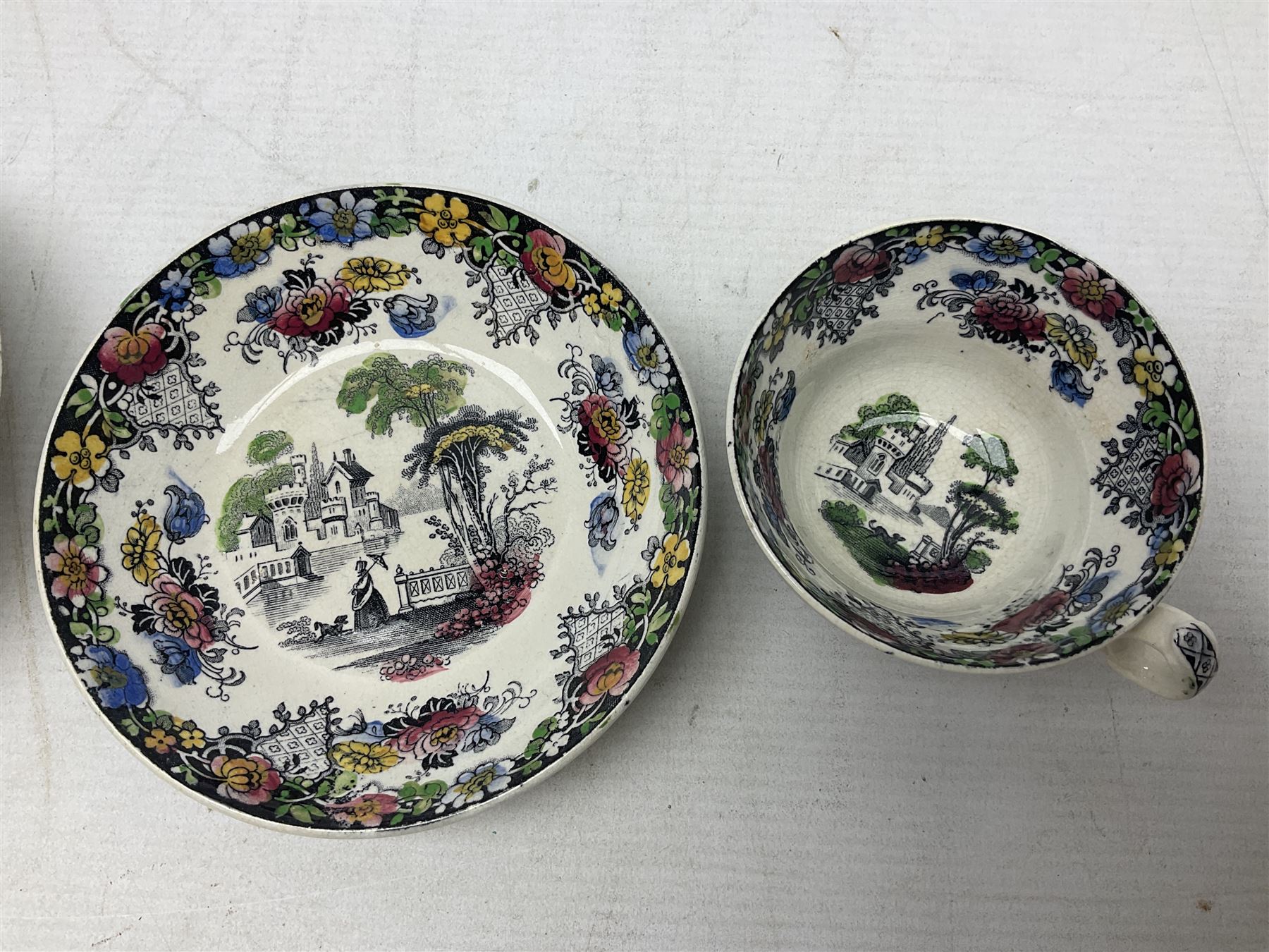 Collection of 19th century tea wares by William Smith & Co, decorated in various patterns including Cupid, Tally Ho and Fountain 