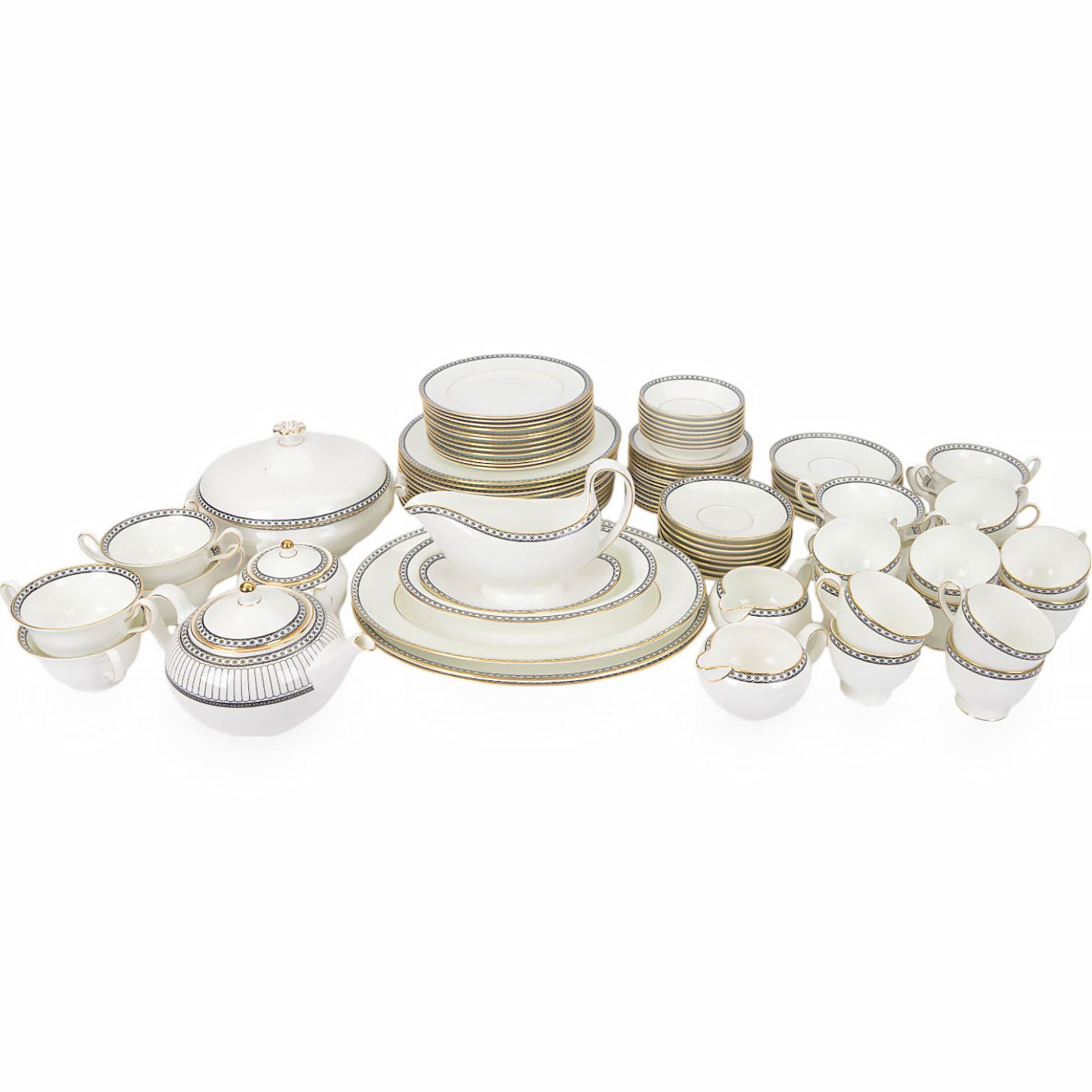 Wedgwood Ulander pattern tea and dinner service,  including teapot, covered sucrier, milk jug, cream jug, eight tea cups and saucers, twelve dinner plates, eight twin handled soup bowls and saucers, covered dish etc  