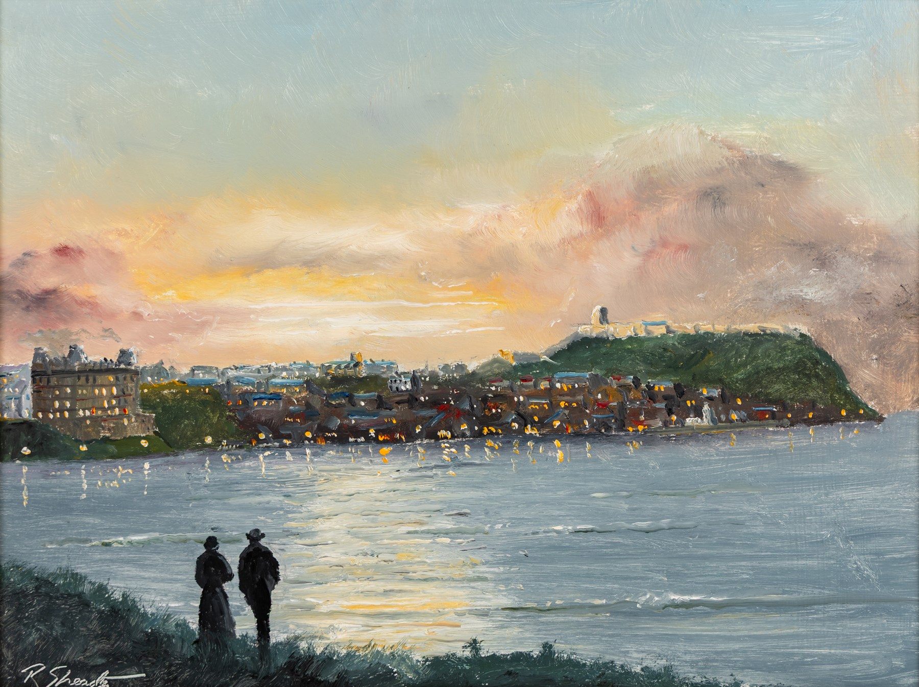Robert Sheader (British 20th century): Scarborough Harbour at Dusk, oil on board signed 29.5cm x 39cm