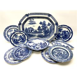 A group of 19th century Spode blue and white transfer printed pottery, various patterns including Buffalo, Forest Landscape, Grasshopper, Two Figures, Buddleia, and a Willow pattern variant supper section dish. 