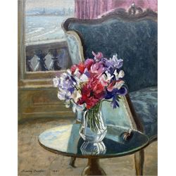 Deryck Stephen Crowther (Northern British 1922-2007): 'Flowers from a Friend', oil on canvas signed and dated 1984, titled on the frame verso with artist's Hartlepool address 50cm x 40cm